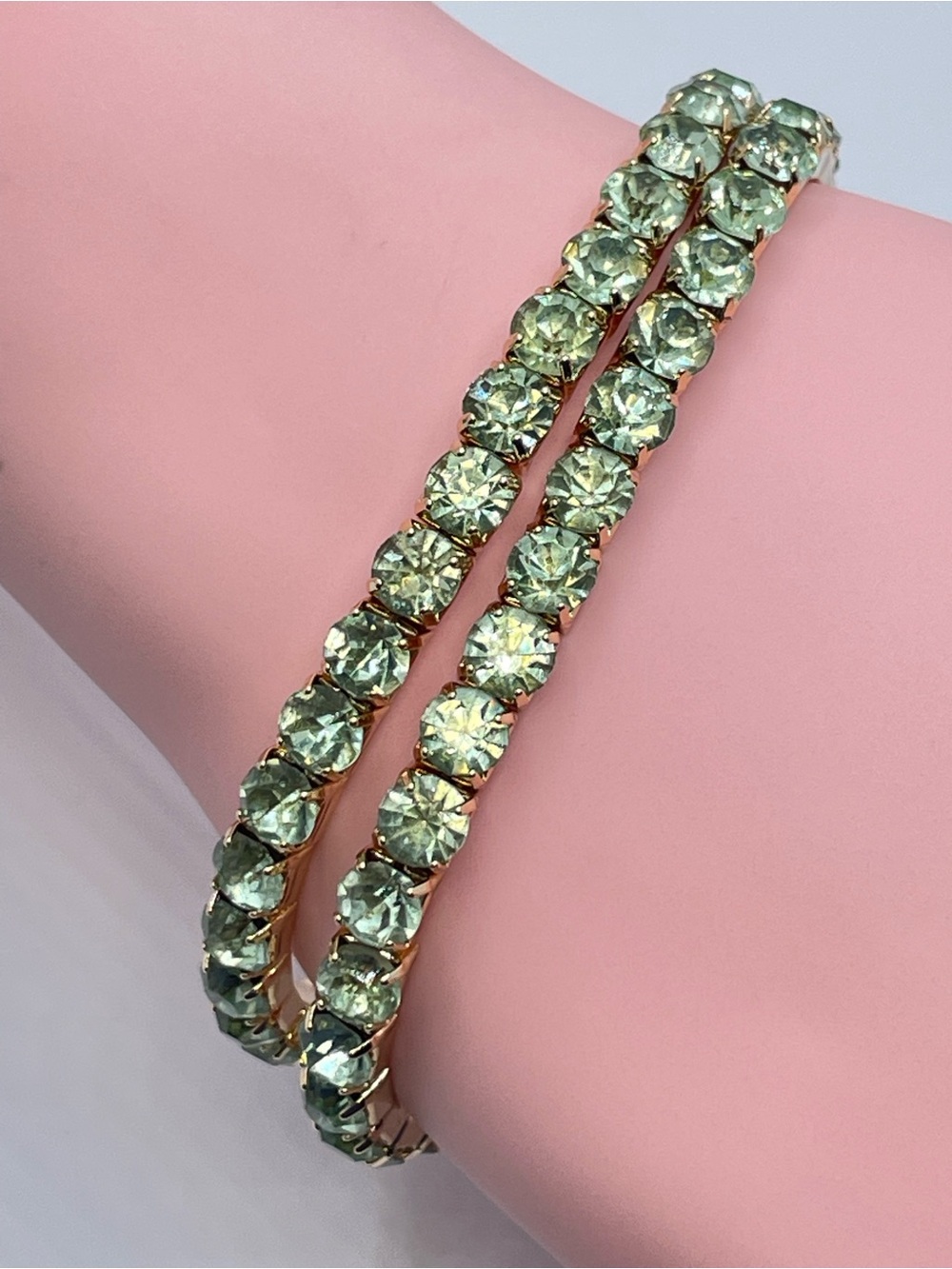 Gold Tone Green Crystal Stretch Bracelets Stackable Tennis Set